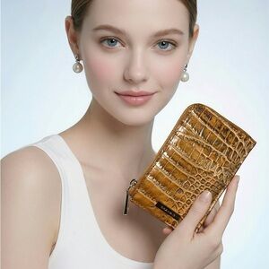 Croc-Embossed Zip Wallet in Tan with metallic accents by Brahmin